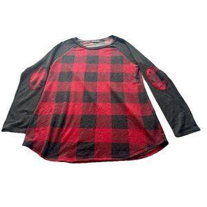 Viamor Long Sleeve Shirt Top Buffalo Plaid Elbow Patches Red Gray USA Made Large